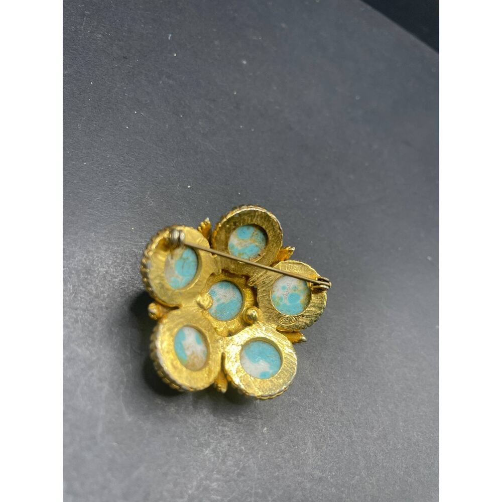 Vintage Cathe Gold Tone Faux Turquoise Cabochon Flower Brooch Pin USA Made - Picture 10 of 11